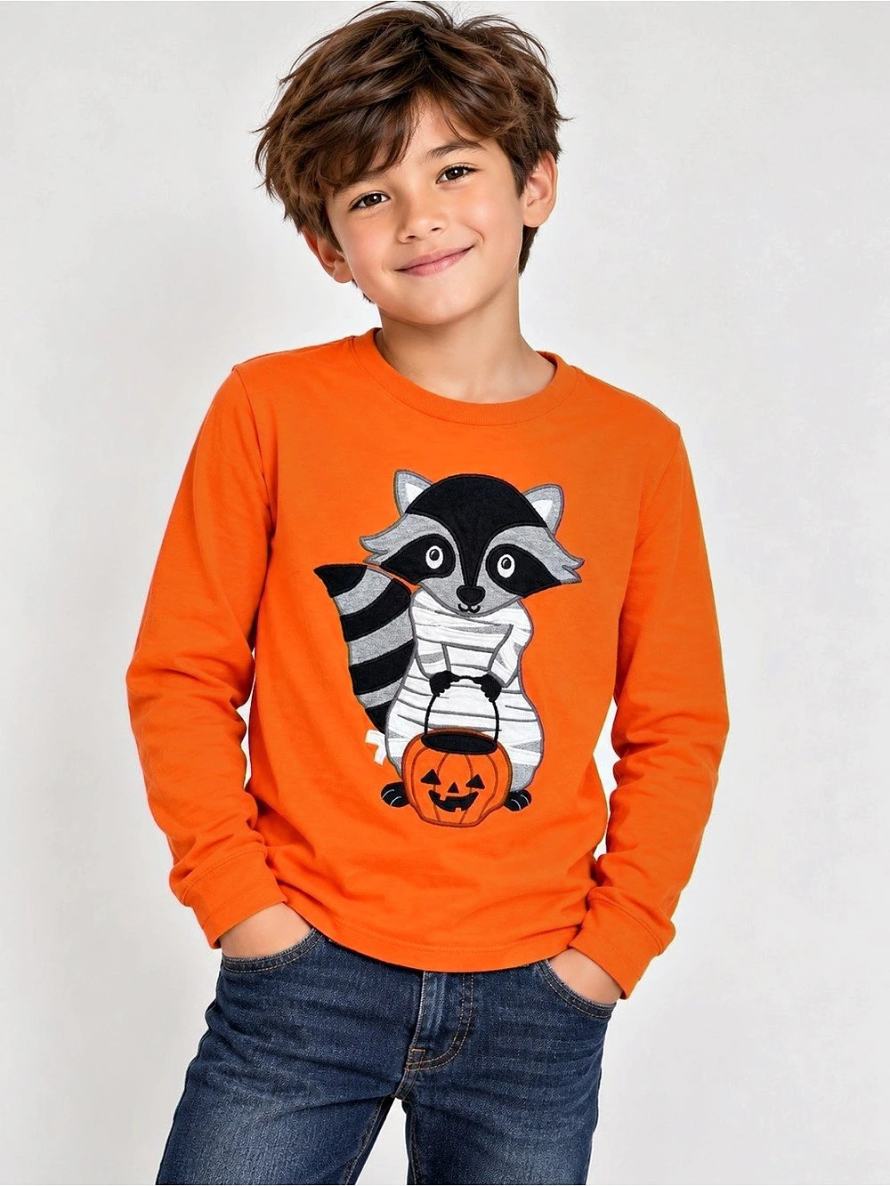 Gymboree Boys Halloween Shirt Size 10 Orange Raccoon Mummy Pumpkin Long Sleeve